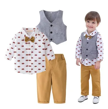 

Printed Long Sleeve Shirt+Vest+Solid color Pants 3pcs Formal Outfits set for newborn baby boy clothes