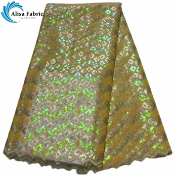 

African mesh lace fabrics with double color Sequins 5 Yards/pcs 2018 French tulle lace fabrics with Embroidery For Prom dresses