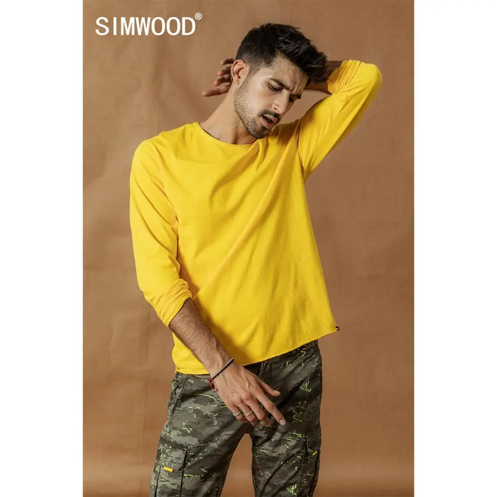 Ceny SIMWOOD 2019 jesienno zimowa nowa koszulka z długim rękawem solidna koszulka męska raw roll obrębiany t shirt tekstura jakość 100% bawełna topy SI980585