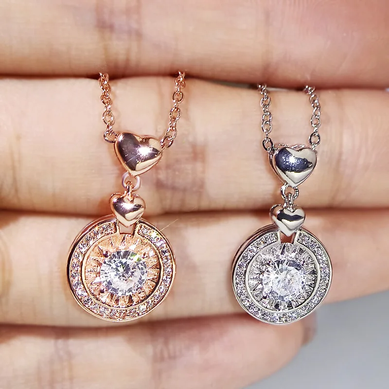 NEW Female Luxury Crystal Round Necklace For Women S925 Silver Fashion Love Heart Wedding Dainty Rose Gold Color Chain Jewelry