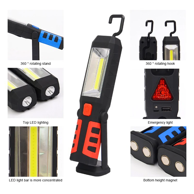 Rechargeable COB+LED Hand Torch Lamp Magnetic Inspection Work Light Flexible