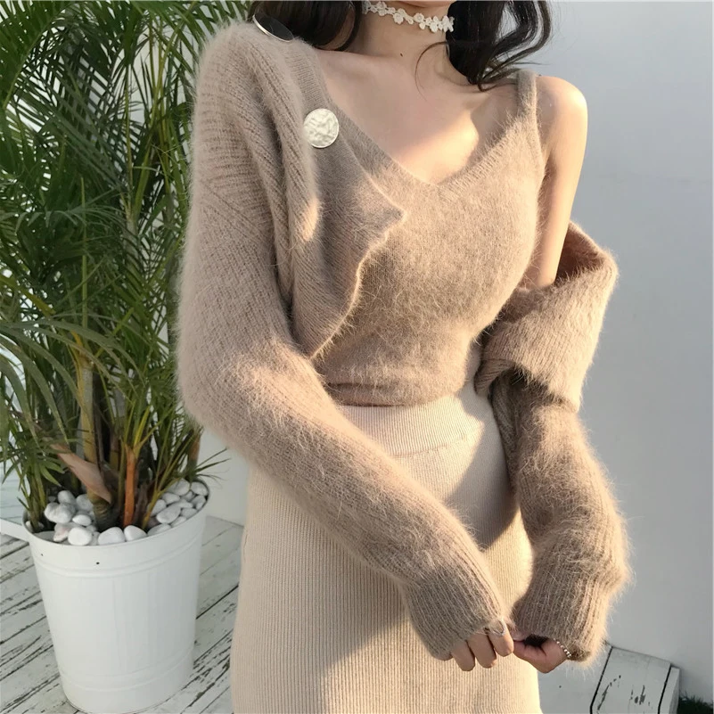 

Fashion two-piece female imitation mink wool knitted sweater coat shawl cardigan vest autumn and winter outfit Button