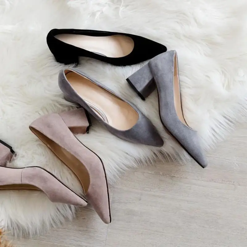 

Spring 2019low-heeled women high heel single shoe cover shallow mouth thick heel ultra-fine fiber fashion elegant women's shoes.