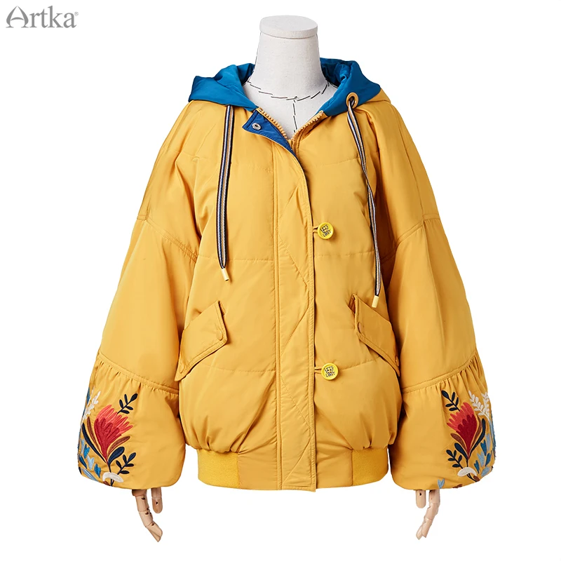 ARTKA, новинка, женская зимняя куртка, Ретро стиль, вышивка, короткое, утолщенное, теплое пальто, большой размер, рукав-фонарик, с капюшоном, верхняя одежда, MA15092D