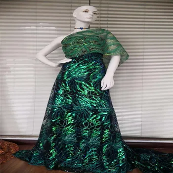 

2020 high quality French Nigerian sequins net lace, African tulle mesh sequence lace fabric for party dress 5yards / lot green