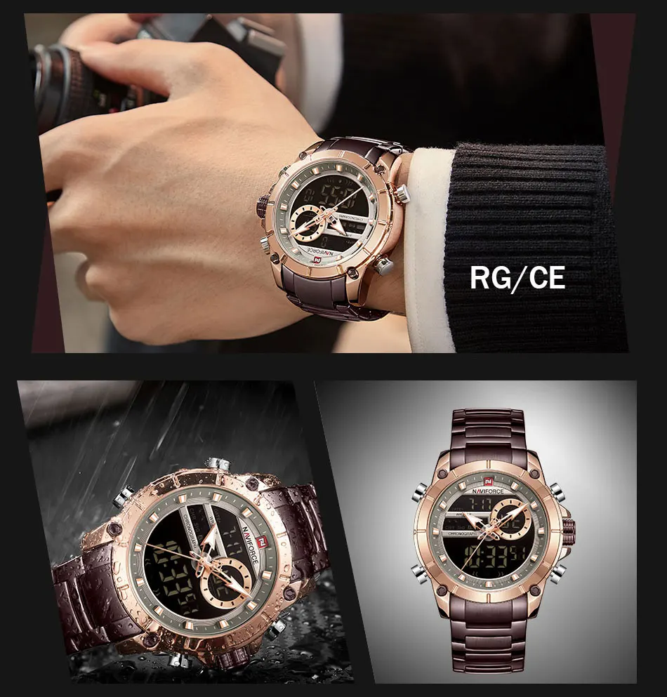 NAVIFORCE мужские часы Топ люксовый бренд Мужские Модные Аналоговые цифровой двойной дисплей черные прозрачные стразы деловые водонепроницаемые наручные часы
