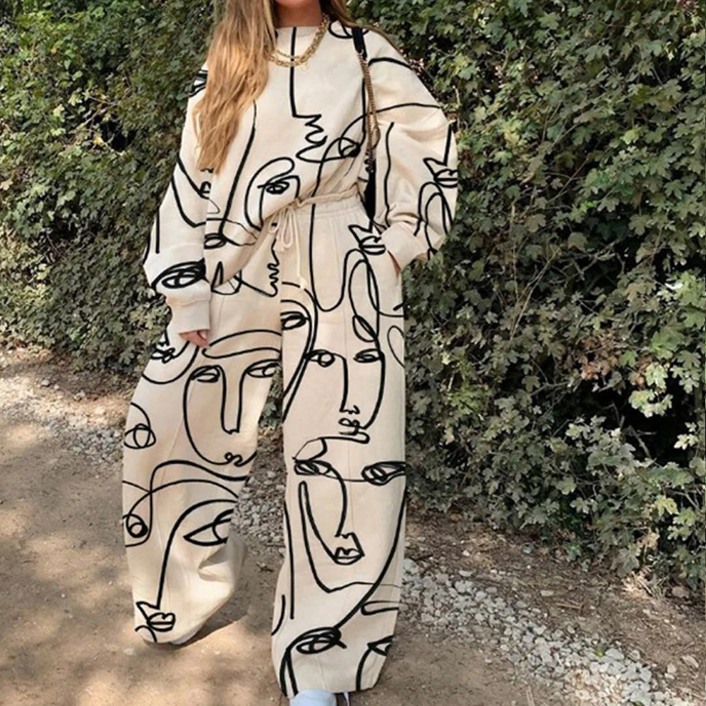 

Two Piece Outfits for Women Loose Abstract Face Print Thin Sweatshirt 2 Piece Set Women Oversized Long Sleeve Pants Tops Casual