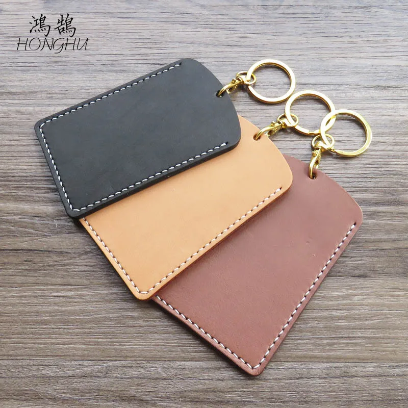 

Simple Genuine Leather Bus Subway Card Cover Cowhide Lanyard Access Control Keychain Wallet Work Permit Protective Case