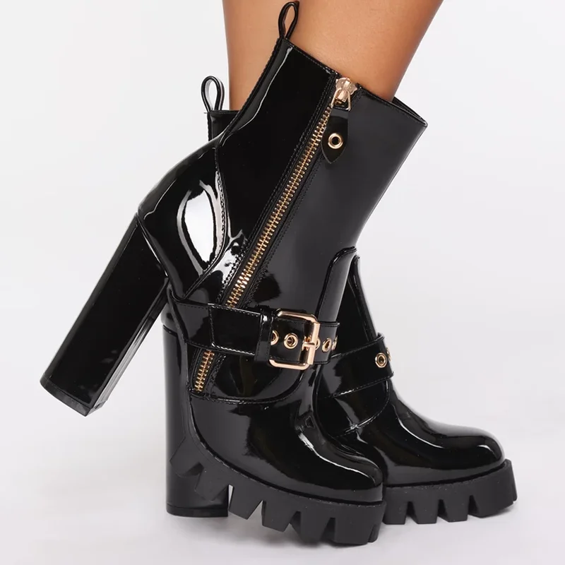 New Spring Autumn Women Shoes Black Block High Heels Boots PU Leather Zipper Buckle Platform Ankle Boots Chunky Heel 12 CM
