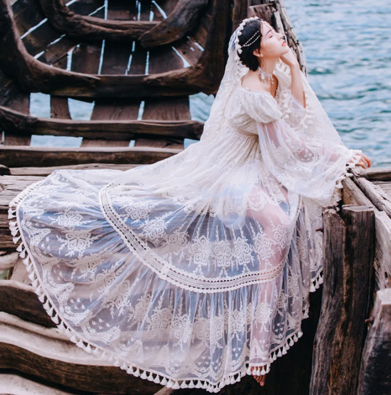 

Lace Long Women Dress Party Maxi Vintage Lady White Off The Shoulder Flare Sleeve Floor-Length Tassel Fairy Dresses Tunic