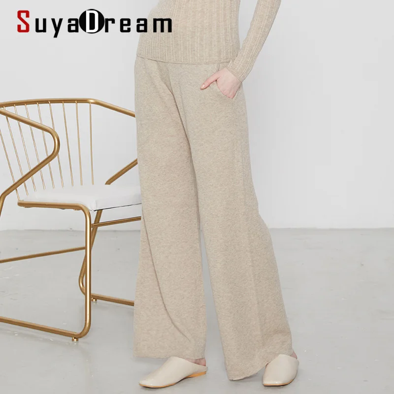 SUYADREAM Winter Pants for Women Wool Blend Elastic Waist Wide Leg Pants 2021 Autumn Winter Chic Trousers 2021 vibe style chic cotton print kanye west vintage men pencil jeans pants retro washed hip hop women slim kpop denim trousers