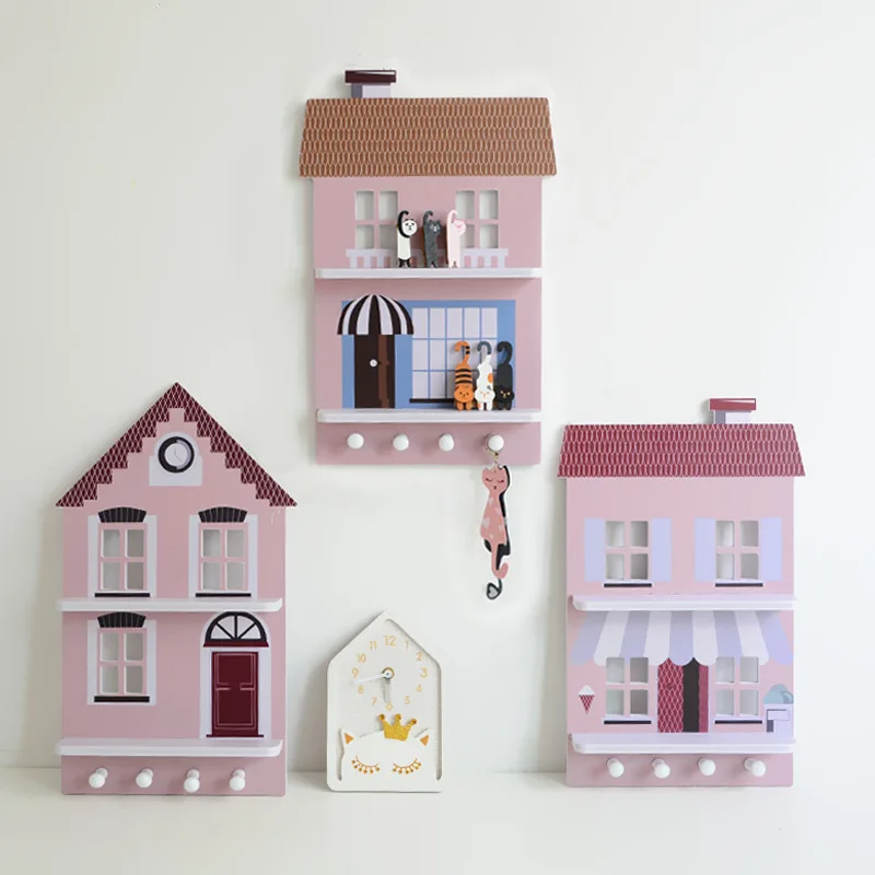 

Nordic Colored House Shaped Wooden Wall Decor Shelf Shelves Creative Retro Kawaii Living Room Children Baby Room Storage Holders