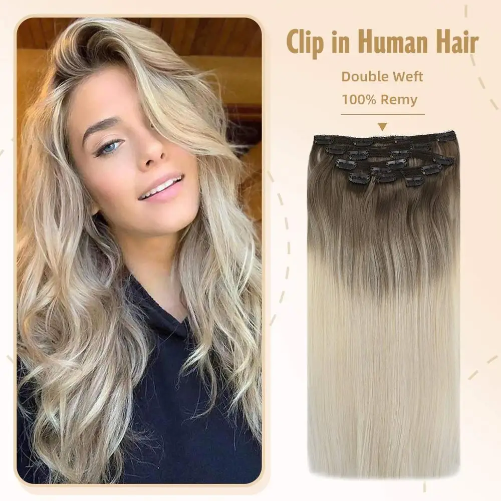 VeSunny Clip in Hair Extensions 100% Real Human 7pcs on Balayage Ombre Dark Brown mix Blonde #14/60 120gr | Шиньоны и парики