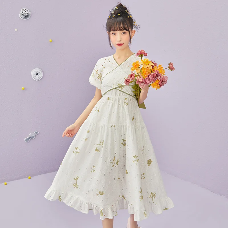 

More than thirteen cardamom [Song Sheng] national style summer daily printing lace up bow dress