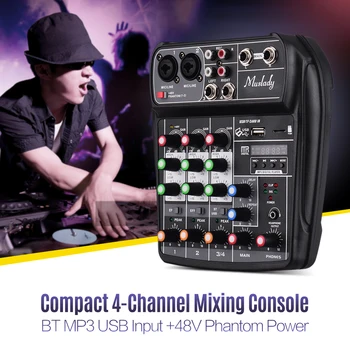 

Muslady AI-4 Compact Mixing Console Digital Audio Mixer 4-Channel BT MP3 Phantom Power for Music Record DJ Karaoke