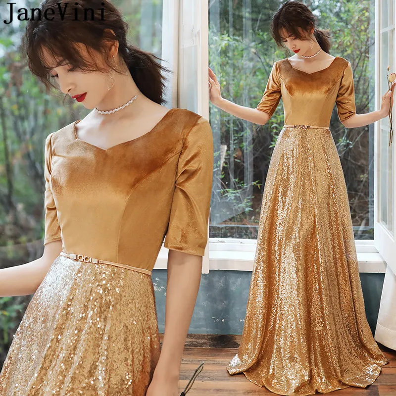 

JaneVini Gold Sequins Long Bridesmaid Dresses 2020 Half Sleeve A Line Floor Length Women Wedding Guest Gown vestido fiesta largo