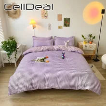 Funda de almohada de poliéster con estampado de cuadros verdes púrpura romántica, Sábana transpirable, cómoda, individual, doble juego de cama