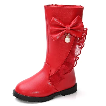 

Red Girls Boots New Bowtie Princess Shoes Lace Pearl Mid High Boots Winter Cotton Shoes Kids Girls PU Boots
