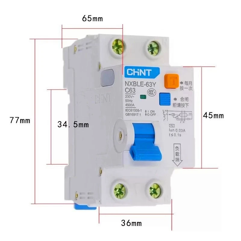 CHINT NXBLE-63Y 6A 10A 16A 32A 63A 10MA 0.01A RCBO 1P + N 230V interruptor de corriente Residual protecci�n contra fugas de corr