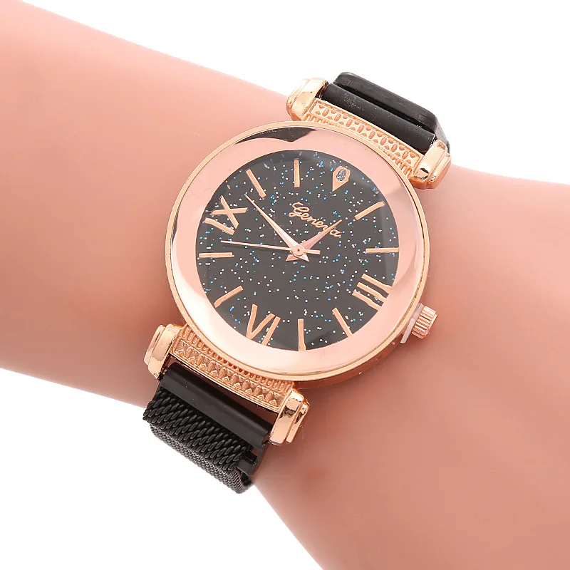 Модные женские часы Звездное небо роскошные магнитные пряжки женские кварцевые наручные часы уникальный алмаз режущие женские часы reloj mujer - Цвет: Black