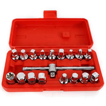 

18Pc Oil Drain Pipe Plug Socket Key Gearboxes Hexagon Square Axles 3/8 Drive Removal Tool Set