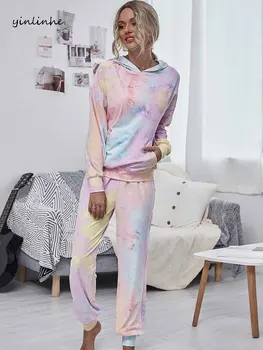 

yinlinhe Print Colorful Long Sleeve Sweatshirts Women Autumn Home Wear Set Women Hoodies Long Pants Pullovers Suit Outfits 1838
