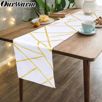 

OurWarm 30x180cm White Table Runner with Gold Foil Geometric Pattern Soft Fabric Table Cover Wedding Party Supplies No Fade