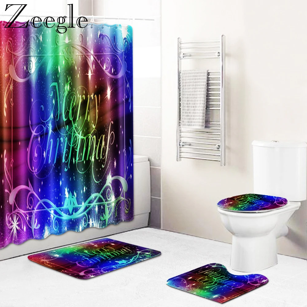 

Zeegle Merry Christmas Shower Curtain Bathroom Curtain Absorbent Toilet Rug Foot Mat Non-slip Bathroom Rug Washable Bath Mat Set