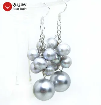 

Qingmos Round 6-7mm Natural Gray Pearl Earrings for Women with 12mm Sea Shell Pearl Grape Dangle Earring Jewelry Silver 925 Hook
