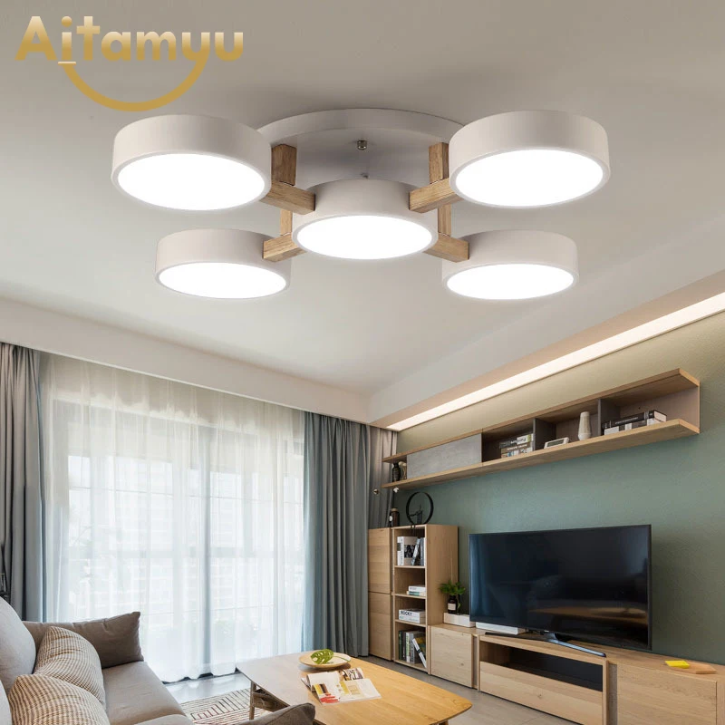 220 В светодиодный потолочный светильник с круглым металлическим абажуром для гостиной, современный потолочный светильник, Деревянный светильник для спальни