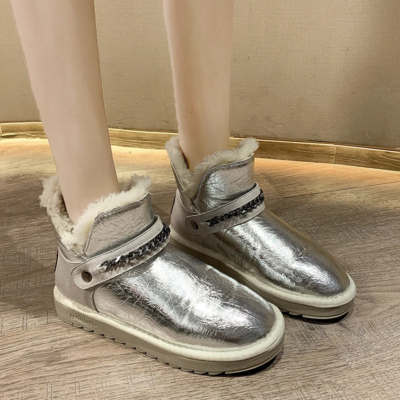 Rimocy fashion winter silver patent leather womens boots high platform thick long plush warm snow boots woemn cotton shoes