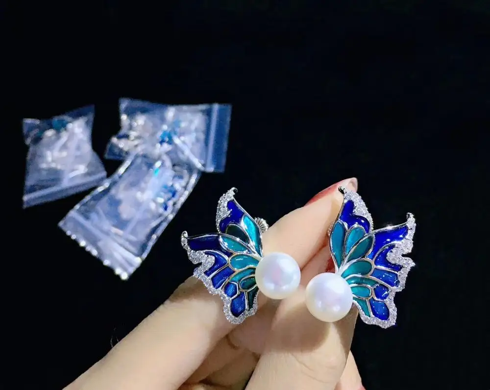 

9-10MM natural fresh water pearl stud earring blue color insect butterfly 925 sterling silver with cubic zircon stoving varnish