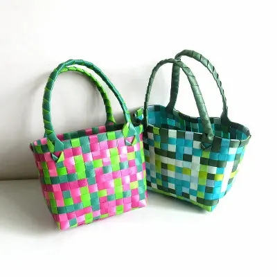 NEW Women Durable Weave Beach Bag Woven Bucket Bag Casual Tote Handbags Bags Popular Receive straw plastic braided basket