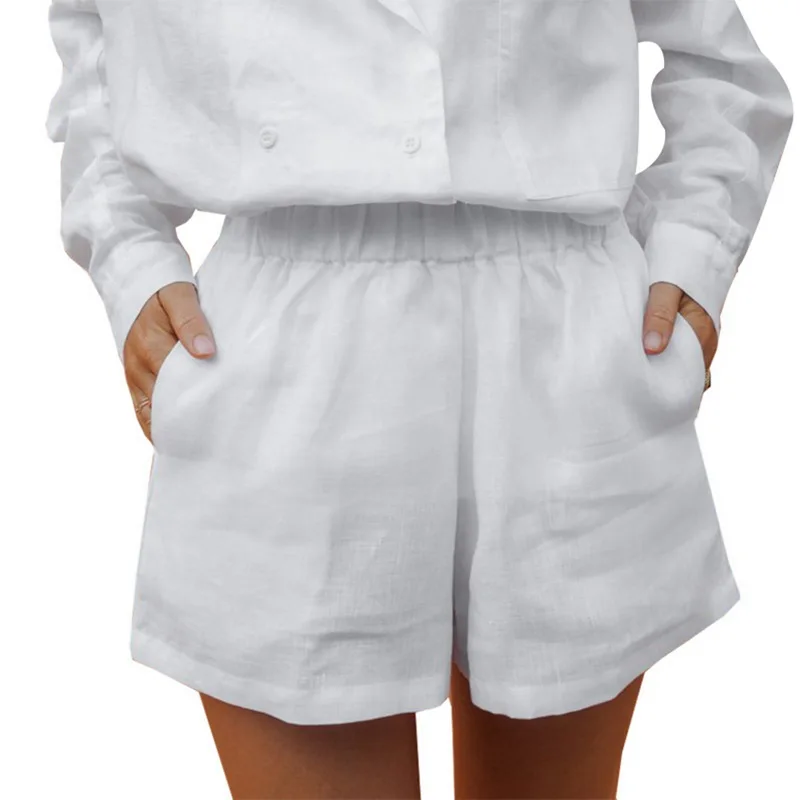 white LITTHING женские хлопковые льняные шорты Новые однотонные Свободные повседневные шорты с эластичной талией Летние желтые мягкие шорты с высокой талией для женщин - Цвет: white