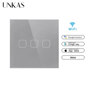 

UNKAS Tuya Smartlife WiFi APP Control Light Switch Google Home Amazon Alexa Voice Control 3 Gang Touch Switch EU Standard