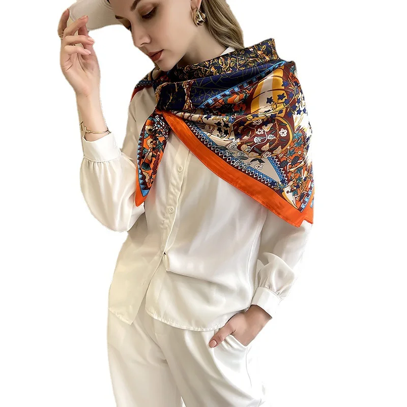 2023 New Printed Silk Stewardess Scarf Large Square Satin Scarf Shawl Exquisite and elegant women\'s accessories90cm*90cm