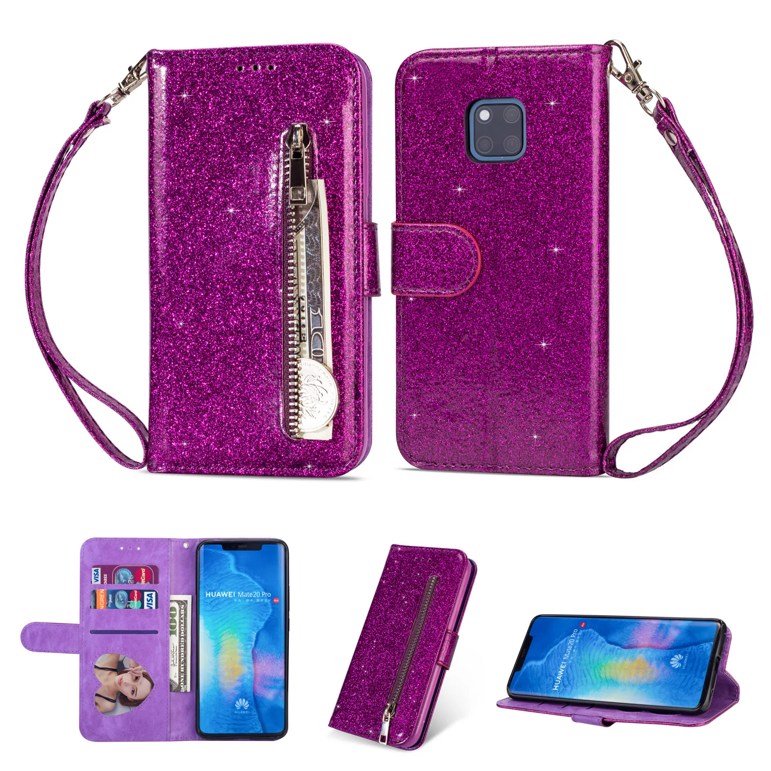 Чехлы на молнии для huawei mate 20 10 P30 P20 Pro Lite P Smart Plus Y7 Y6 Prime роскошный блестящий кожаный бумажник флип-чехол для карт - Цвет: Purple