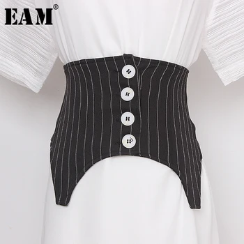 

[EAM] Black Striped Split Joint Irregular Temperament Wide Belt Personality Women New Fashion Tide All-match Spring 2020 1Y071