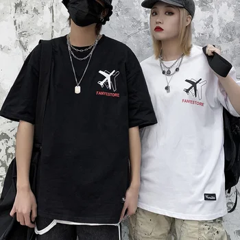 

Summer Street Popular Graphic 3M Reflective Strip Aircraft Printed Half-sleeve T-shirt Women Students Matching Oversize T-shirts