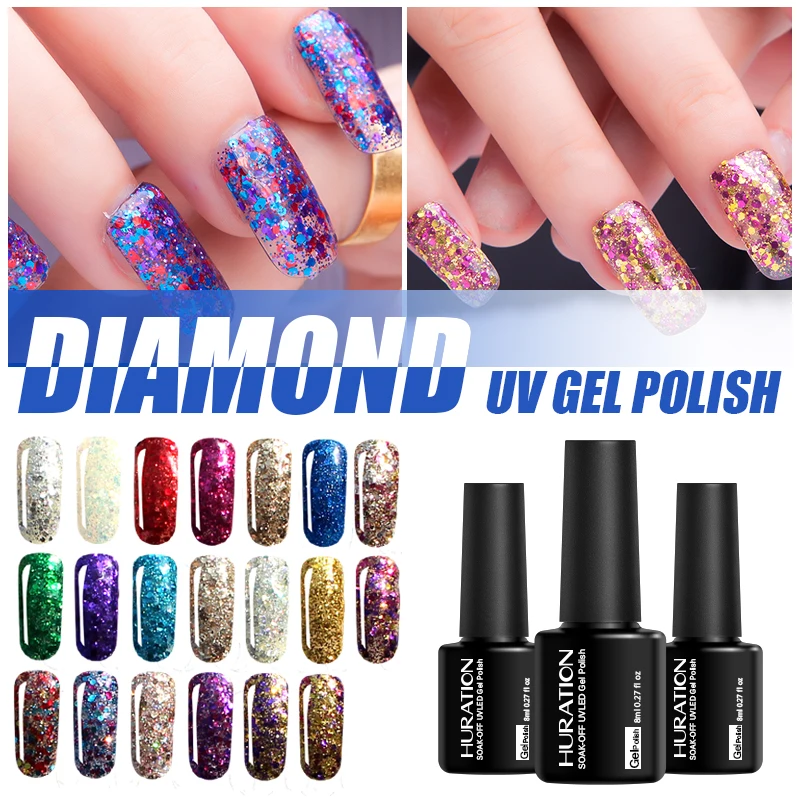 Huration Soak Off Diamond 8 мл Блестящий лак 20 красочных блестящих гелей для ногтей УФ светодиодный светильник гель лак для ногтей