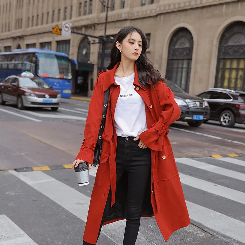 

Photo Shoot 2019 Autumn New Style Mid-length Trench Coat Women's over-the-Knee Korean-style Fashion Loose Coat Mid-length Hong W