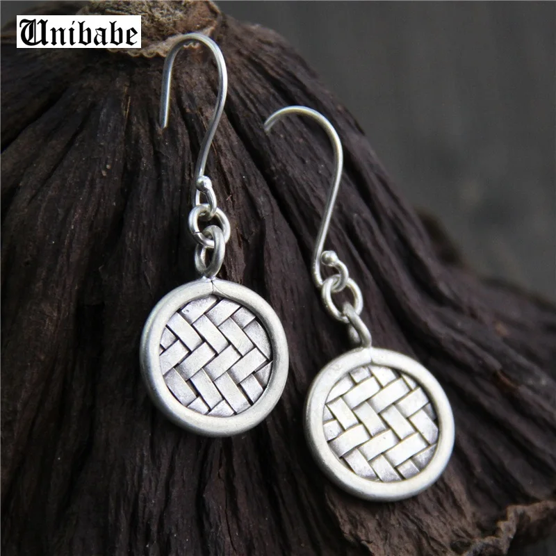 

Pure Silver Ethnic Thai Hand Made Sterling 925 Silver Dangle Drop Weaving Disc Earrings Vintage Matt Retro Craft Woman Jewelry
