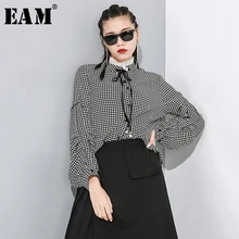 [EAM] Женская Черная клетчатая блузка с разрезом, новая свободная рубашка с оборками и длинным рукавом, модная весенняя Осенняя 1N195