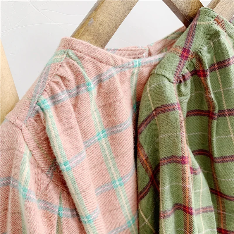 Korean Style Cute Girls Fashion Plaid Blouse Kids Pure Cotton Puff Sleeve Loose Blouses 1-5y