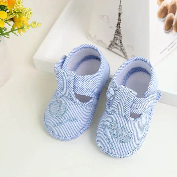 Newborn Baby Girl Boy Shoes Cotton Striped Soft Sole Crib Toddler Hook &amp Loop All Seasons Canvas Sneaker Unisex |
