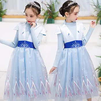 

Elsa Sweater Dress For Girl Kids Snowflake Print Back Hollow Tulle Tail Frocks New Snow Queen Costumes Christmas Gift Blue Gown
