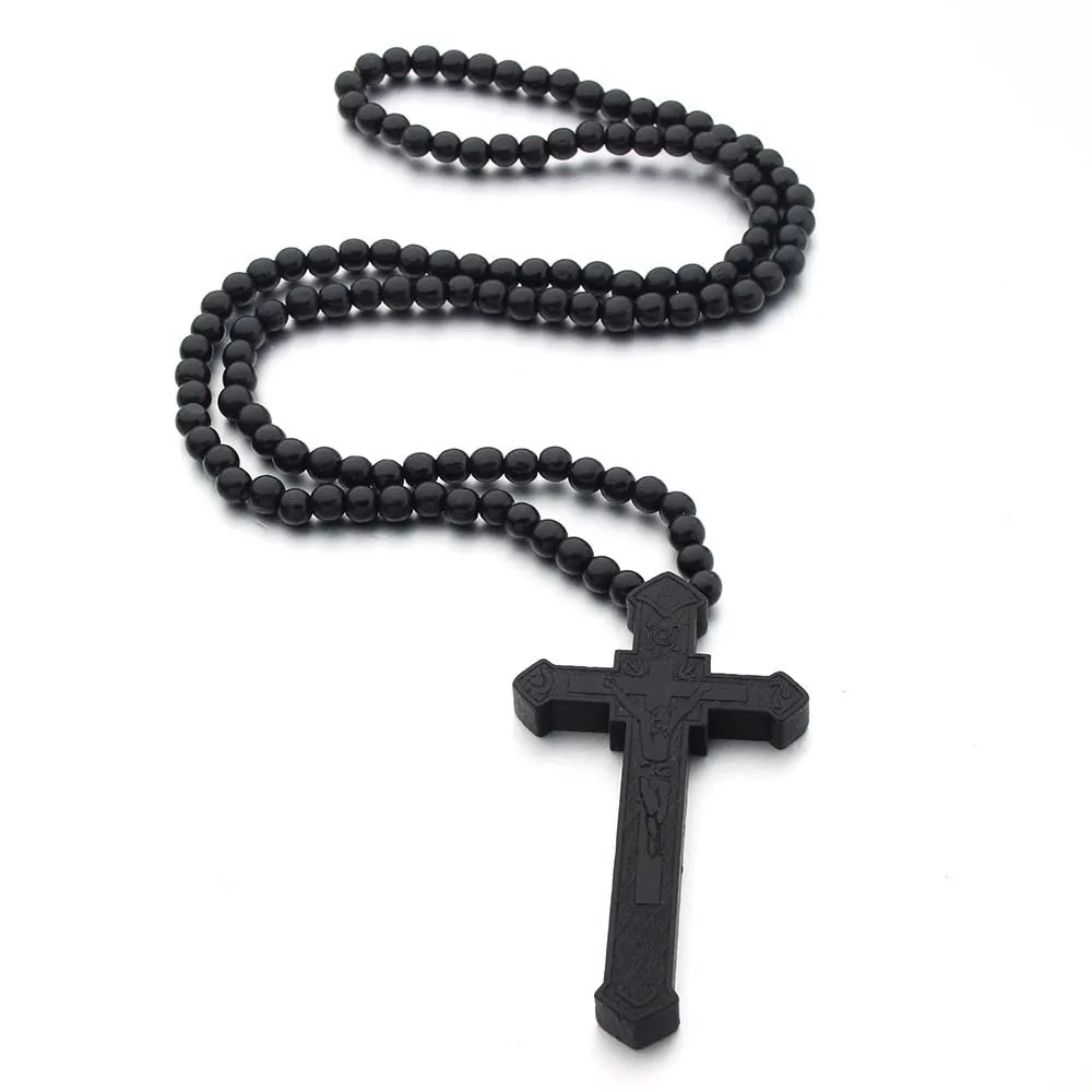 New Boy Large Wood Catholic Jesus Cross With Wooden Bead Carved Rosary Pendant Long Collier Statement Necklace Men Jewelry