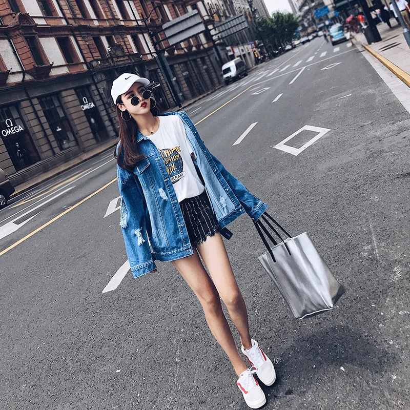 Светильник-цветная джинсовая куртка Женская Студенческая Harajuku Свободные для маленькой девочки в стиле хип-хоп, пальто