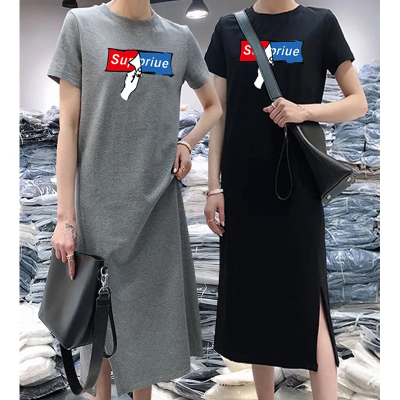 

Summer Short-sleeve Dress Women's Casual Belly Covering Large Size Loose-Fit Mid-length over-the-Knee Base T-shirt Skirt