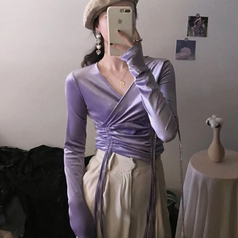 Женская бархатная футболка с длинным рукавом двумя завязками | одежда